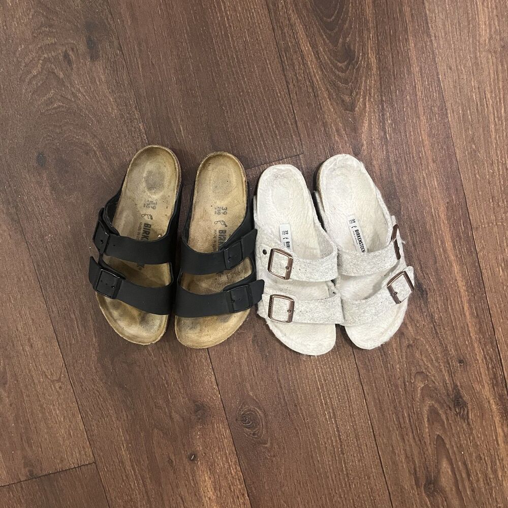 Lot of 2 Birkenstock Arizona 250 39 Women 8 Men 6 Black Buckle & White Sherling